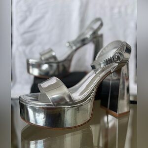 LARROUDE DOLLY PLATFORM SANDAL - 8.5 - Silver Platform Heels